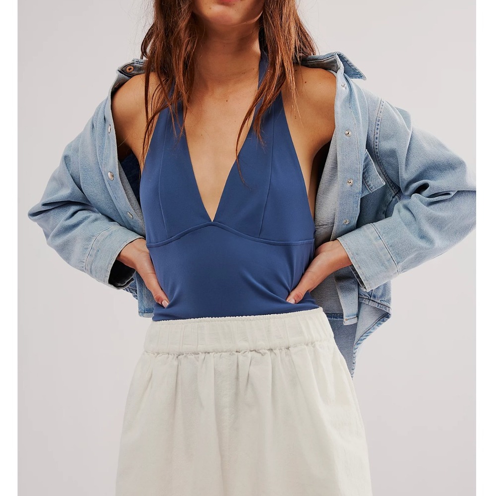 NWT Free People Have It All Halter Top Open Back‎ V Neck Dusted Blue